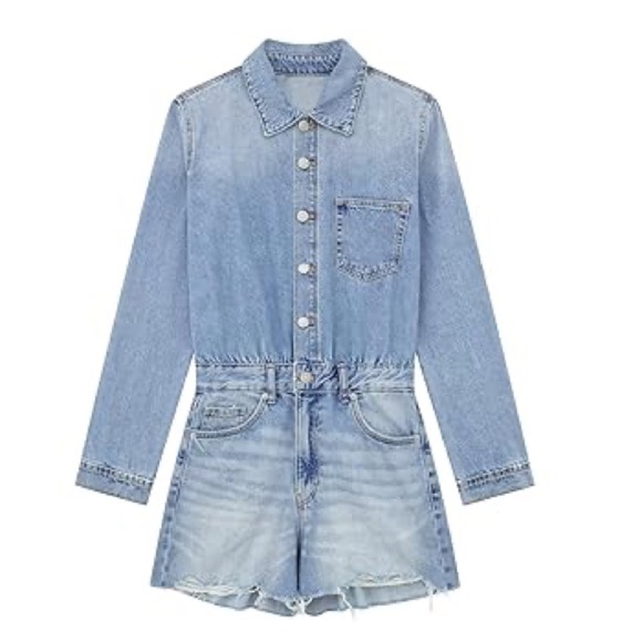 Paige denim romper long sleeve button down collar western shorts light wash - Picture 2 of 7